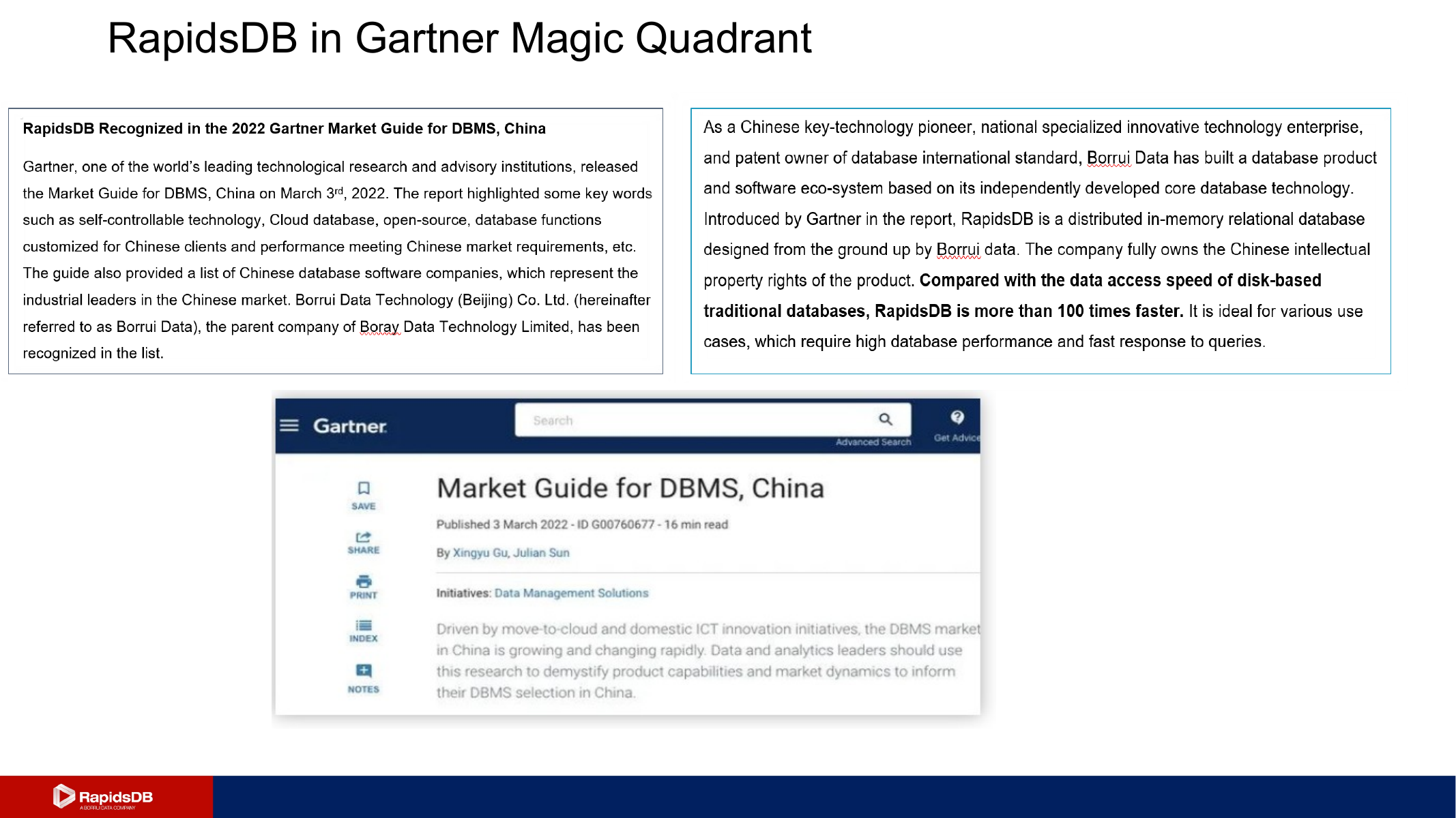 RapidsDB in Gartner Magic Quadrant slide